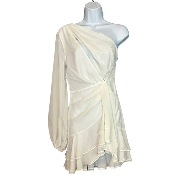 Michael Costello White One Shoulder Mini Dress XS Chiffon Ruched Ruffle $248 NEW - Picture 4 of 10